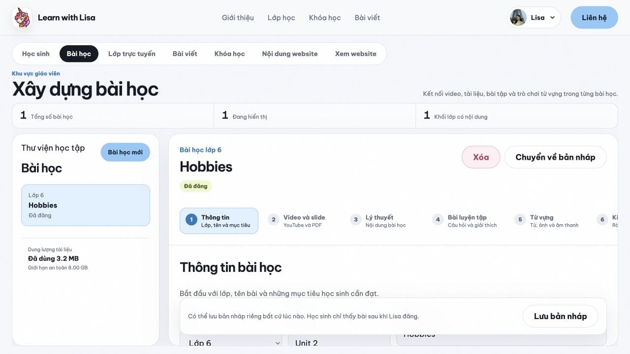 Learn with Lisa curriculum editor showing the guided lesson-building workflow