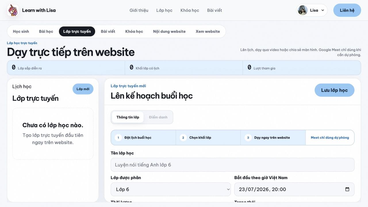 Learn with Lisa live-class administration workspace