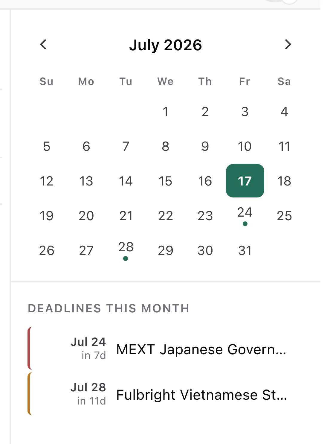 ScholarshipHub calendar showing scholarship application deadlines
